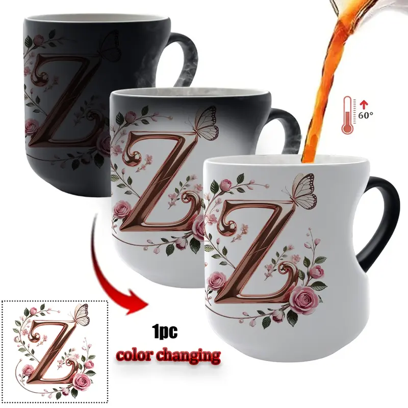 TYII™ Personalized Initial Color-Changing Mug – Heat-Reactive Floral Coffee Cup with Heart Handle, A–Z