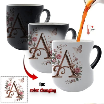 TYII™ Personalized Initial Color-Changing Mug – Heat-Reactive Floral Coffee Cup with Heart Handle, A–Z