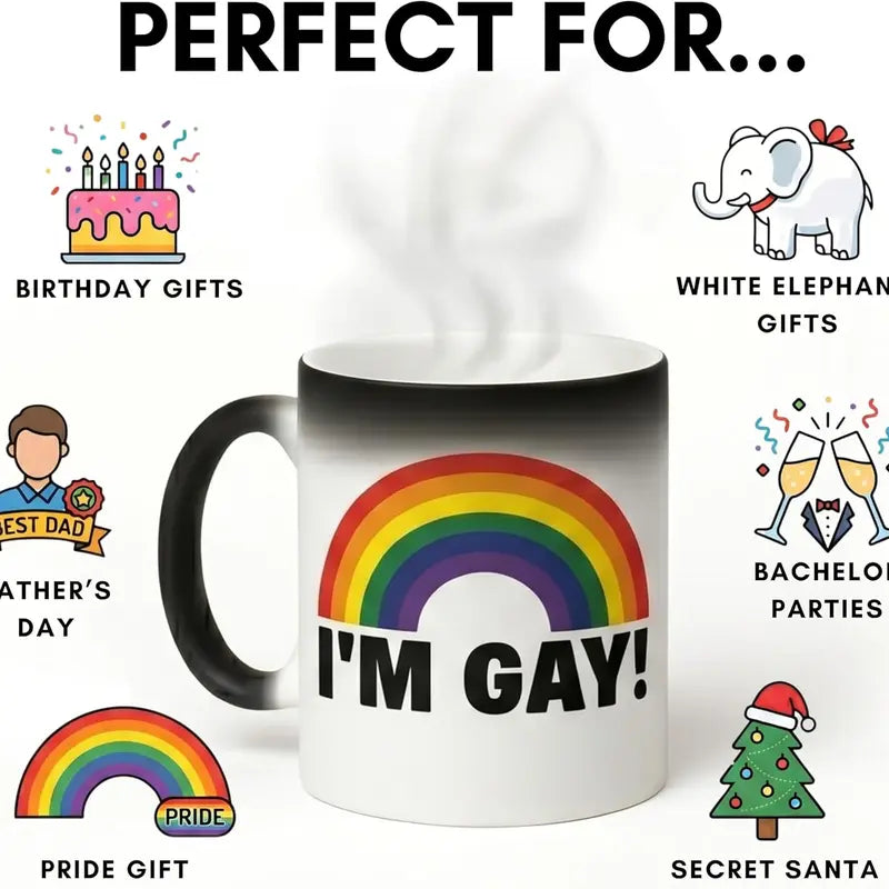 😂 Funny I'm Gay Heat Changing Mug – 11oz Rainbow Magic Coffee Cup, Surprise Gag Gift for Friends, White Elephant & Secret Santa