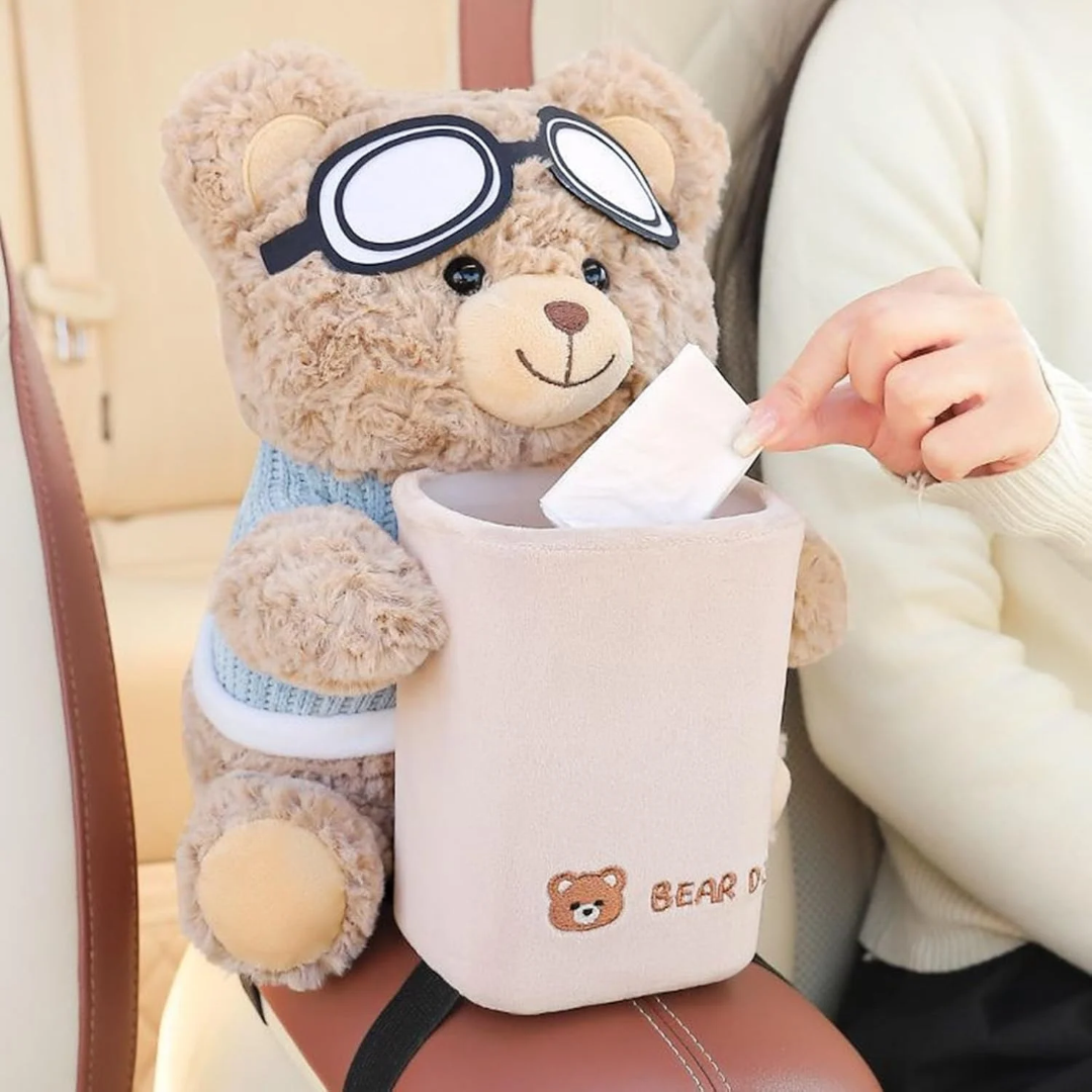 Plush Bear Car Tissue Box & Trash Bin 2-in-1