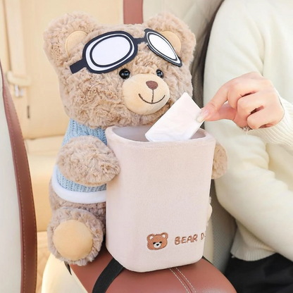 Plush Bear Car Tissue Box & Trash Bin 2-in-1