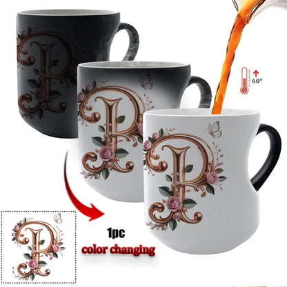 TYII™ Personalized Initial Color-Changing Mug – Heat-Reactive Floral Coffee Cup with Heart Handle, A–Z