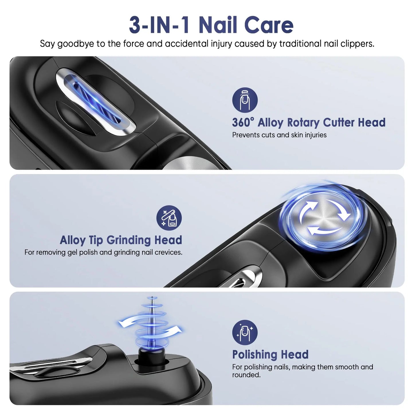 3-in-1 Electric Nail Clipper & Polisher – Automatic Nail Trimmer with LED Light, Safe Nail Grinder for Adults & Kids