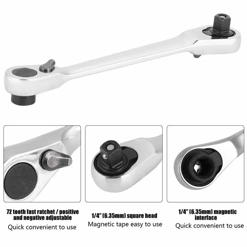🛠️ 1/4 Inch Mini Double Headed Ratchet Wrench Silver 72-Tooth 5° Quick Release Drive Socket Tool