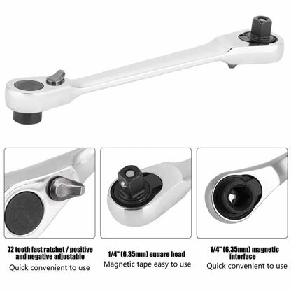🛠️ 1/4 Inch Mini Double Headed Ratchet Wrench Silver 72-Tooth 5° Quick Release Drive Socket Tool