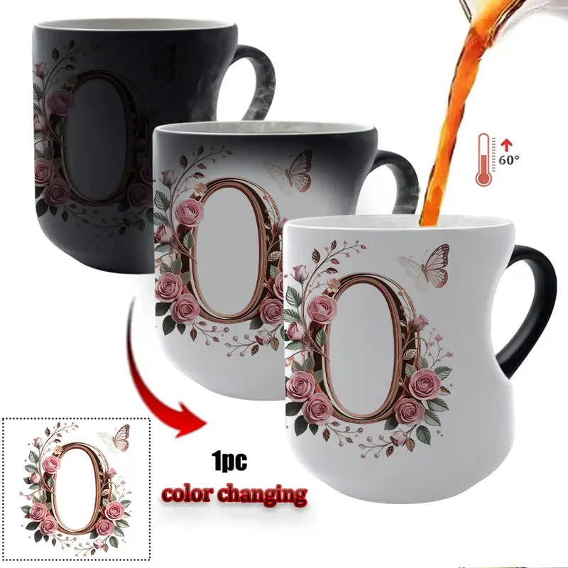 TYII™ Personalized Initial Color-Changing Mug – Heat-Reactive Floral Coffee Cup with Heart Handle, A–Z