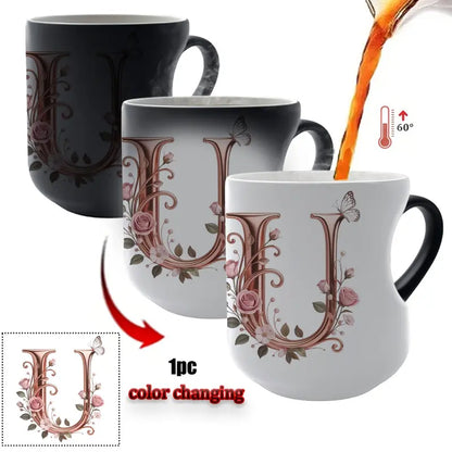 TYII™ Personalized Initial Color-Changing Mug – Heat-Reactive Floral Coffee Cup with Heart Handle, A–Z
