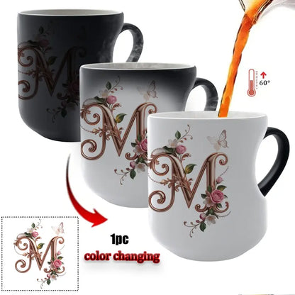TYII™ Personalized Initial Color-Changing Mug – Heat-Reactive Floral Coffee Cup with Heart Handle, A–Z