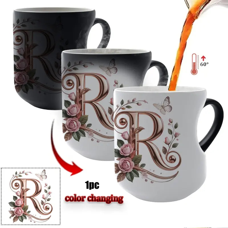 TYII™ Personalized Initial Color-Changing Mug – Heat-Reactive Floral Coffee Cup with Heart Handle, A–Z