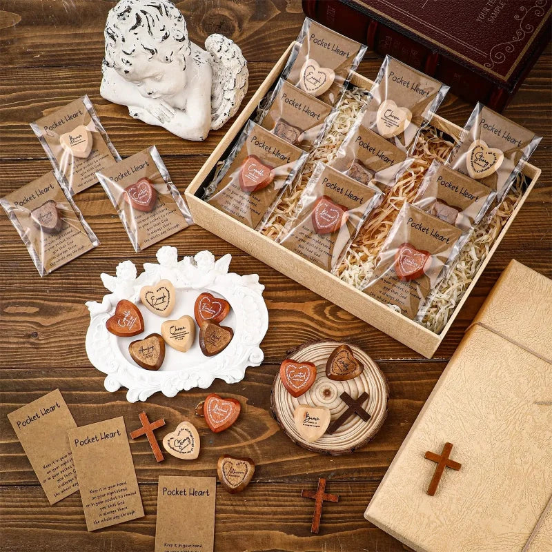 TYIIPRO™ Christian Pocket Hug Gifts – Wooden Heart Tokens with Bible Verses, Inspirational Gift Boxes & Prayer Cards, Religious Gifts for Church, Baptism & Encouragement