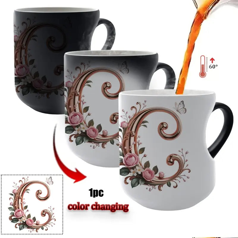 TYII™ Personalized Initial Color-Changing Mug – Heat-Reactive Floral Coffee Cup with Heart Handle, A–Z