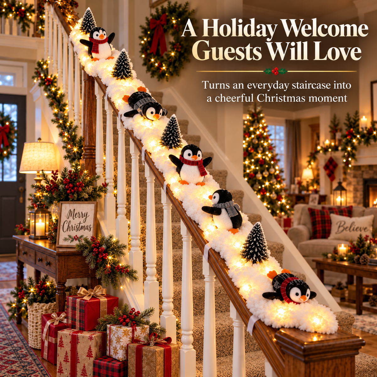 🐧 Playful Penguin Snowy Stair Railing Decor – Christmas Banister Garland with Cute Penguins & Winter Holiday Decorations