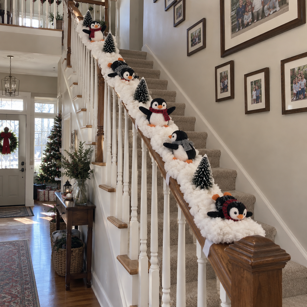 🐧 Playful Penguin Snowy Stair Railing Decor – Christmas Banister Garland with Cute Penguins & Winter Holiday Decorations