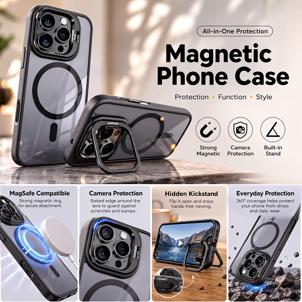 Magnetic Phone Case with Camera Protection & Built-In Stand