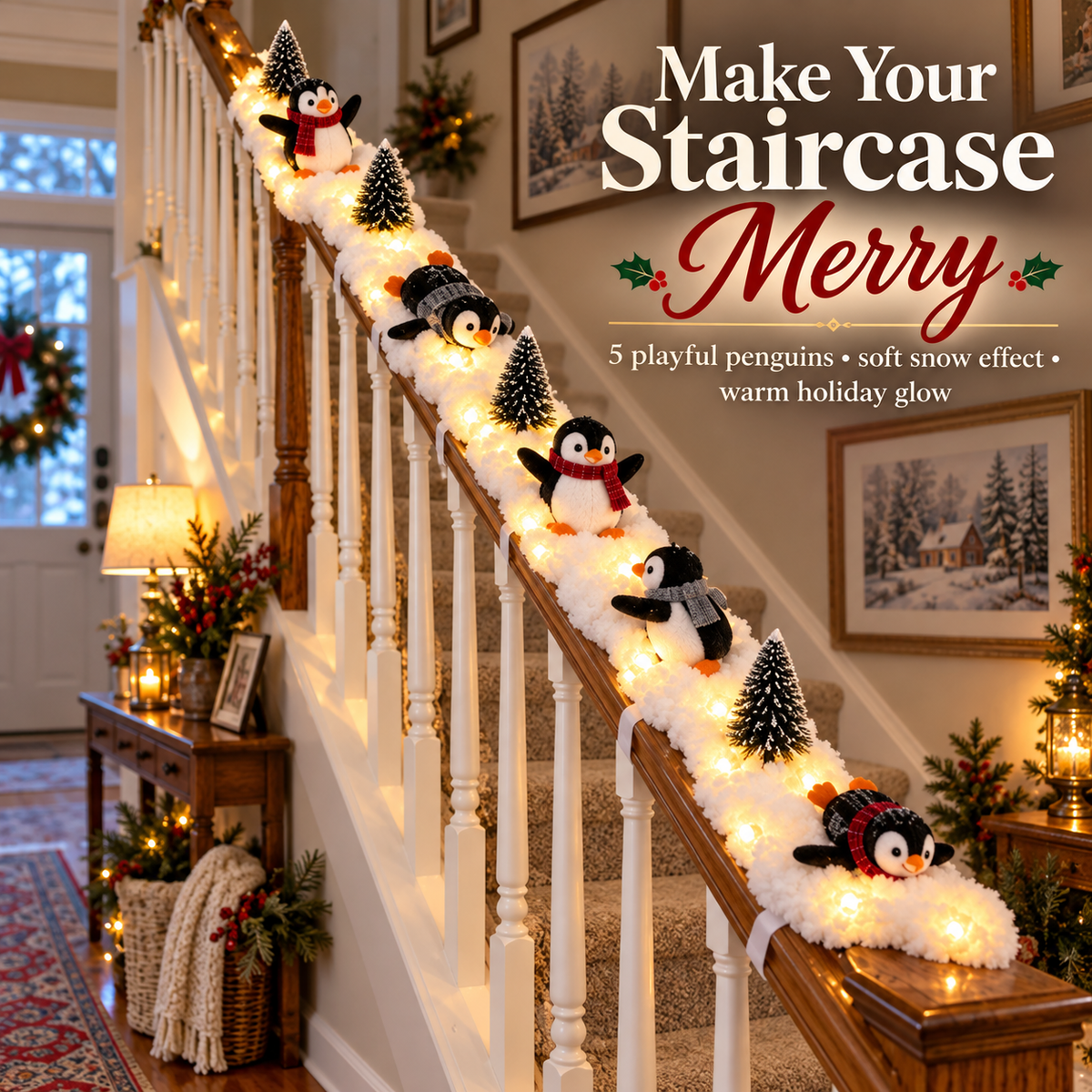 🐧 Playful Penguin Snowy Stair Railing Decor – Christmas Banister Garland with Cute Penguins & Winter Holiday Decorations