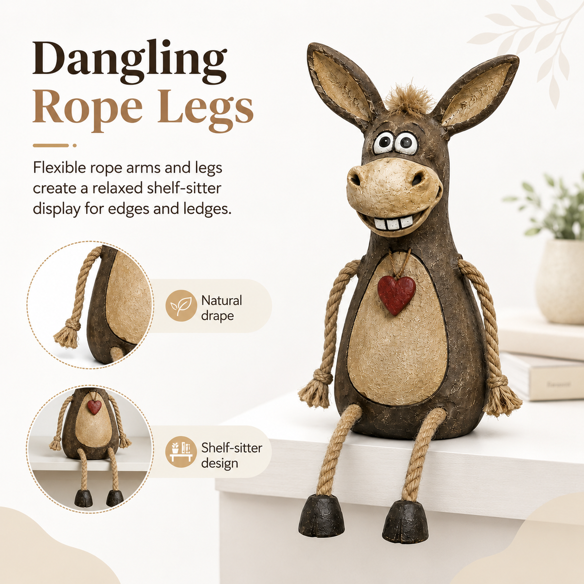 Cute Rustic Donkey Figurine with Hanging Rope Legs – Farmhouse Shelf & Home Decor