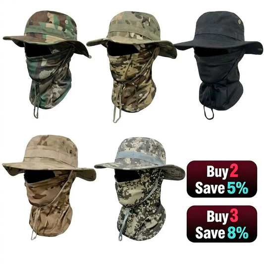 🔥Camouflage 6-in-1 Tactical Bucket Hat – Detachable Face Mask & Neck Flap for Sun Protection