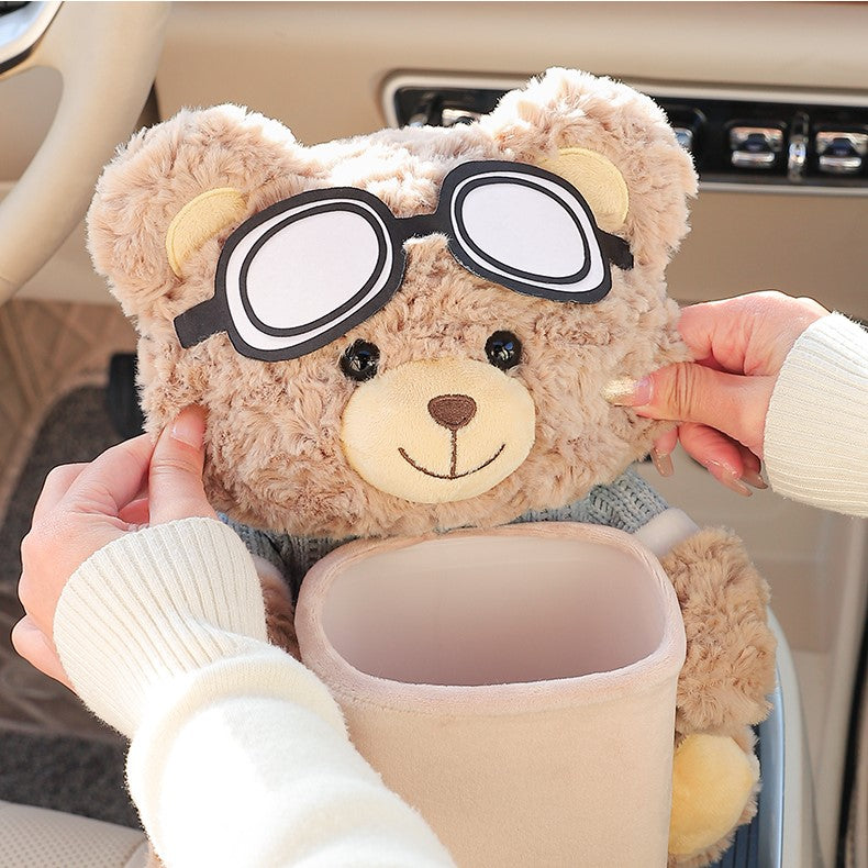 Plush Bear Car Tissue Box & Trash Bin 2-in-1