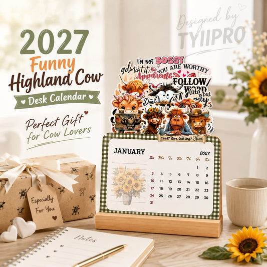 2027 Funny Highland Cow Desk Calendar | 12-Month Farm Animal Desktop Calendar with Note Pages | TYIIPRO™