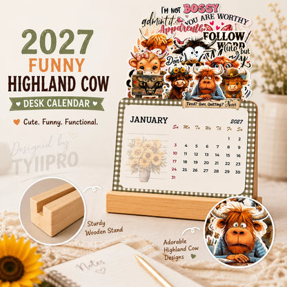 2027 Funny Highland Cow Desk Calendar | 12-Month Farm Animal Desktop Calendar with Note Pages | TYIIPRO™