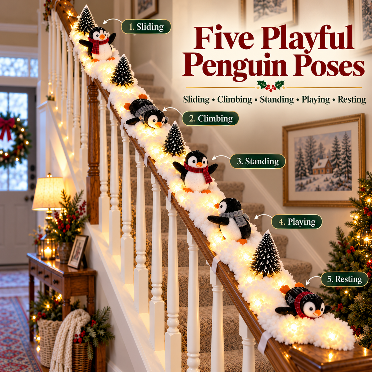🐧 Playful Penguin Snowy Stair Railing Decor – Christmas Banister Garland with Cute Penguins & Winter Holiday Decorations
