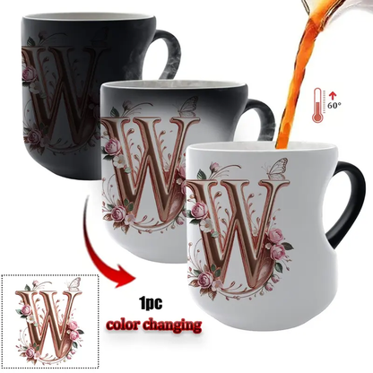 TYII™ Personalized Initial Color-Changing Mug – Heat-Reactive Floral Coffee Cup with Heart Handle, A–Z