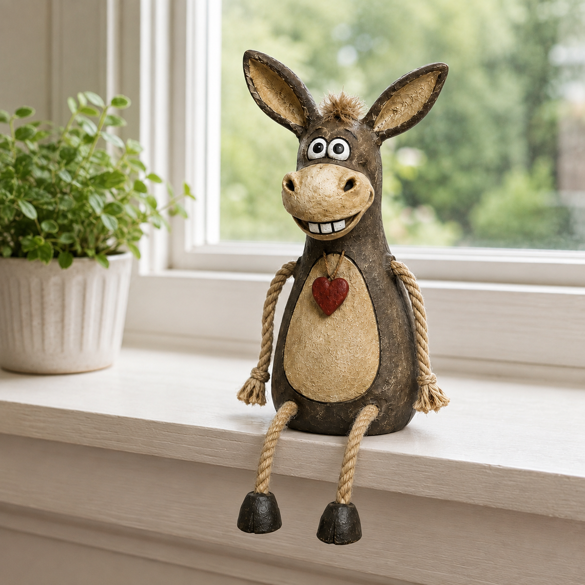Cute Rustic Donkey Figurine with Hanging Rope Legs – Farmhouse Shelf & Home Decor
