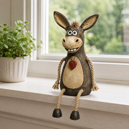 Cute Rustic Donkey Figurine with Hanging Rope Legs – Farmhouse Shelf & Home Decor