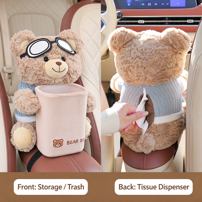 Plush Bear Car Tissue Box & Trash Bin 2-in-1