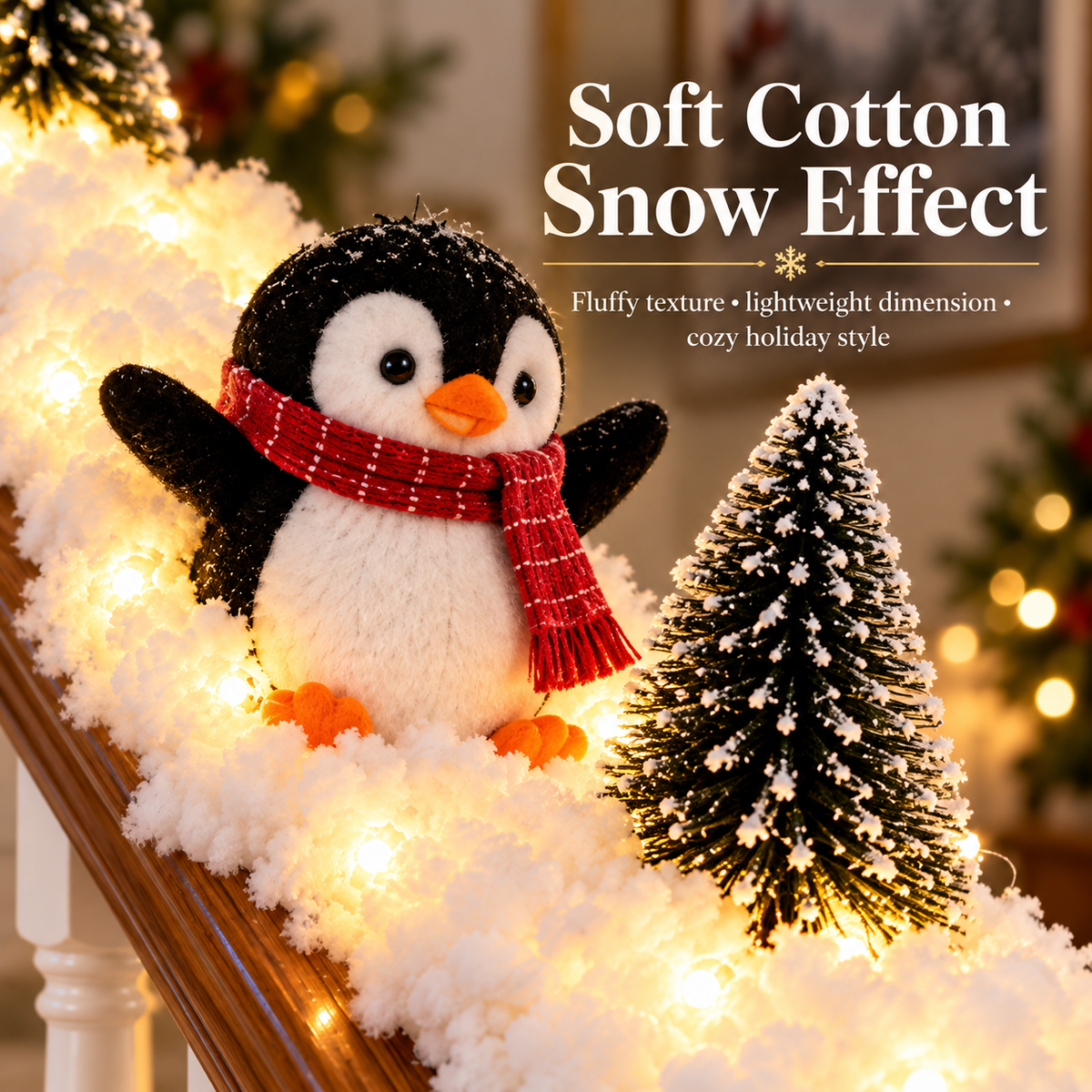 🐧 Playful Penguin Snowy Stair Railing Decor – Christmas Banister Garland with Cute Penguins & Winter Holiday Decorations