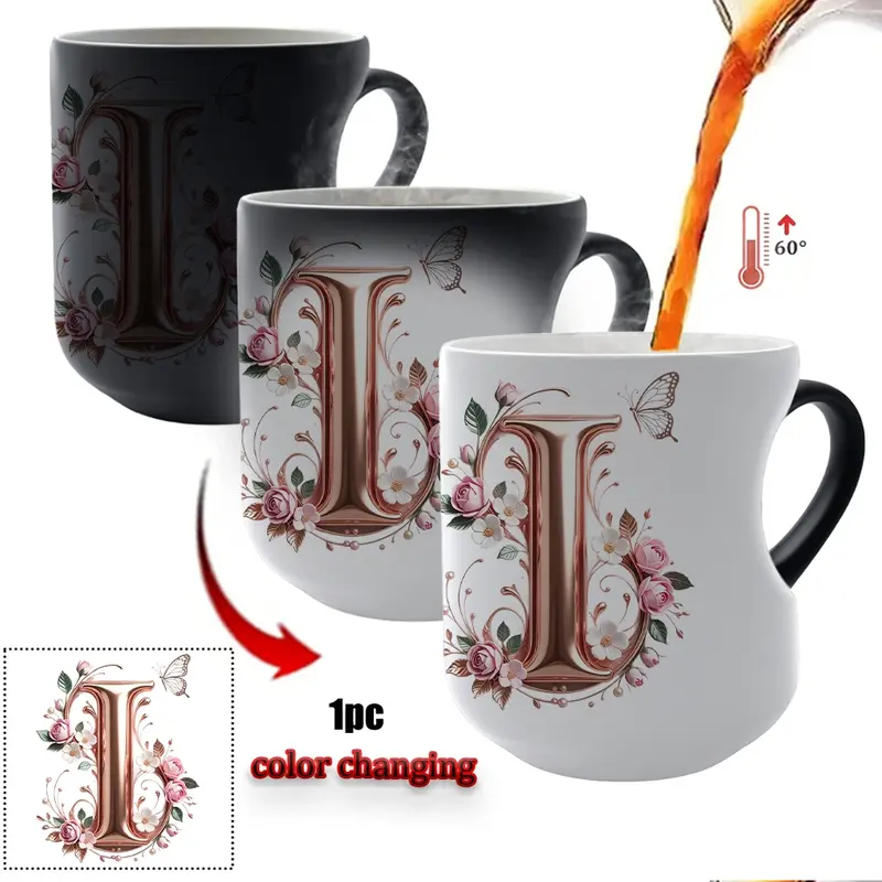 TYII™ Personalized Initial Color-Changing Mug – Heat-Reactive Floral Coffee Cup with Heart Handle, A–Z