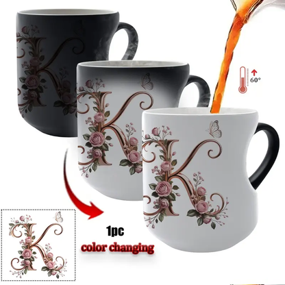 TYII™ Personalized Initial Color-Changing Mug – Heat-Reactive Floral Coffee Cup with Heart Handle, A–Z