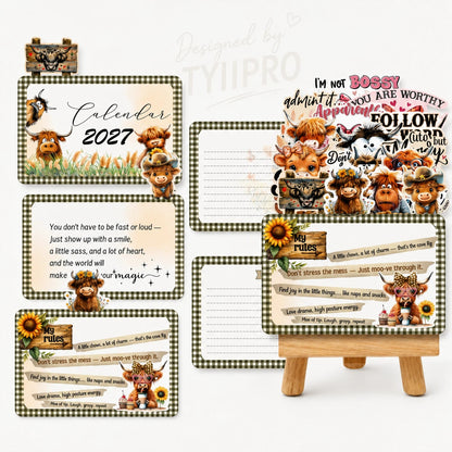 2027 Funny Highland Cow Desk Calendar | 12-Month Farm Animal Desktop Calendar with Note Pages | TYIIPRO™
