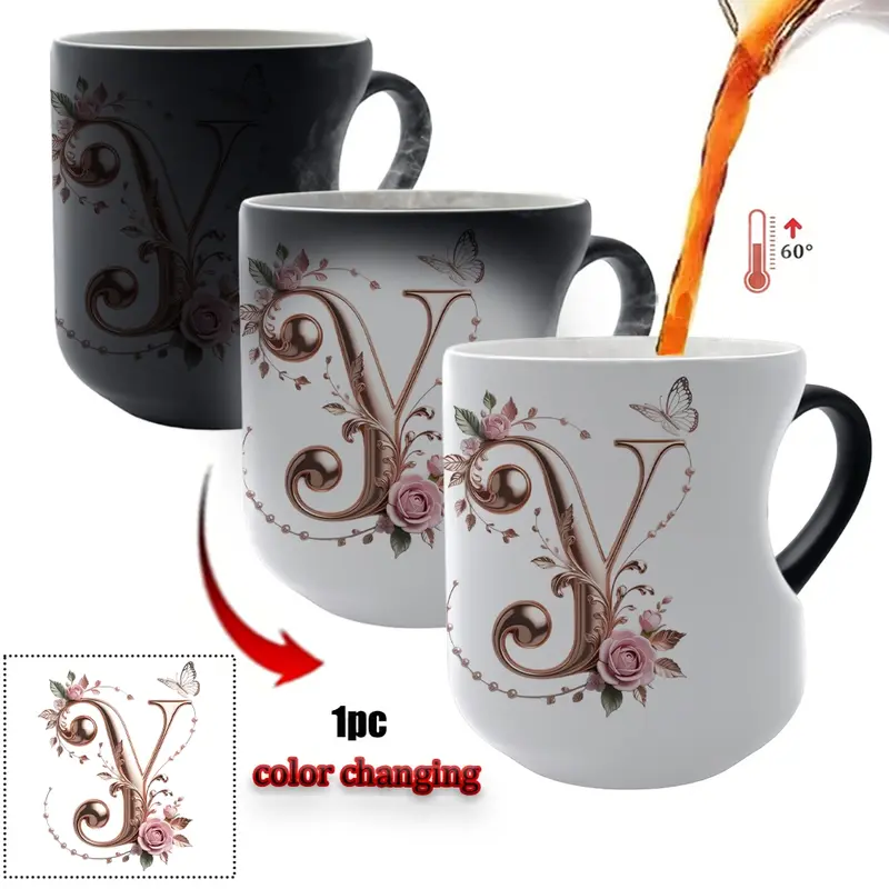 TYII™ Personalized Initial Color-Changing Mug – Heat-Reactive Floral Coffee Cup with Heart Handle, A–Z