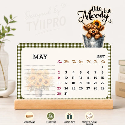 2027 Funny Highland Cow Desk Calendar | 12-Month Farm Animal Desktop Calendar with Note Pages | TYIIPRO™