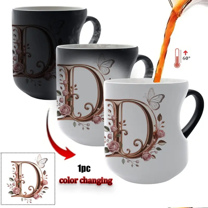 TYII™ Personalized Initial Color-Changing Mug – Heat-Reactive Floral Coffee Cup with Heart Handle, A–Z