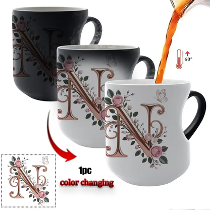 TYII™ Personalized Initial Color-Changing Mug – Heat-Reactive Floral Coffee Cup with Heart Handle, A–Z