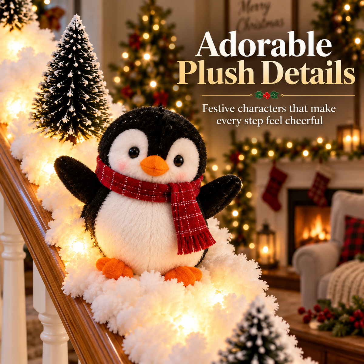 🐧 Playful Penguin Snowy Stair Railing Decor – Christmas Banister Garland with Cute Penguins & Winter Holiday Decorations