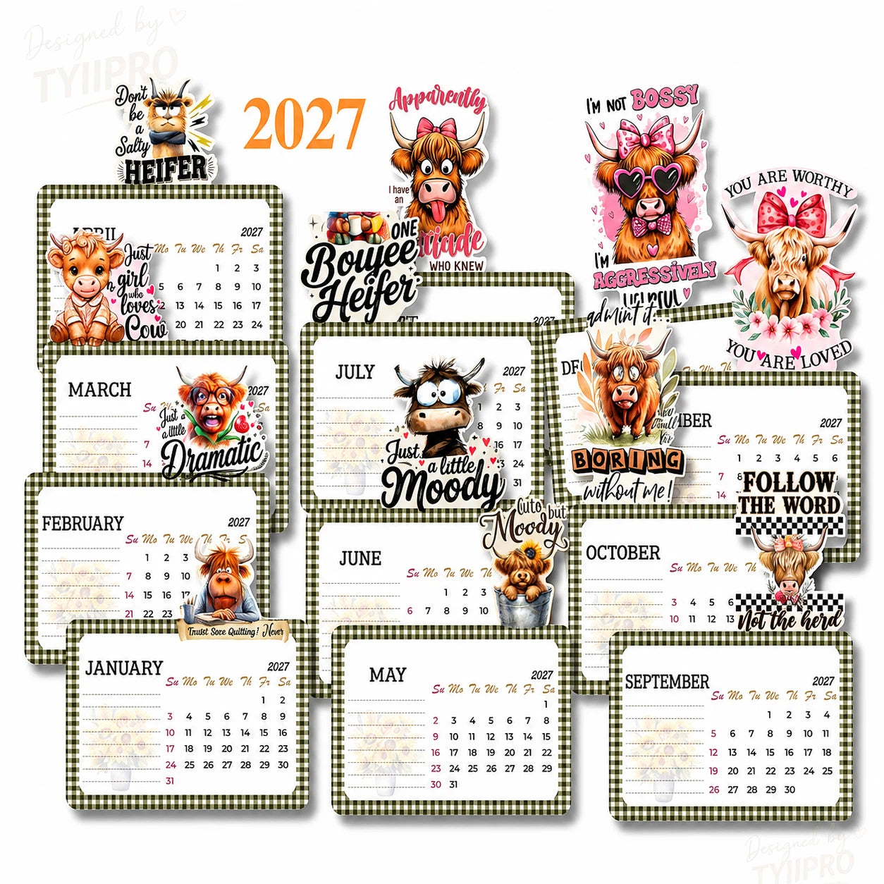 2027 Funny Highland Cow Desk Calendar | 12-Month Farm Animal Desktop Calendar with Note Pages | TYIIPRO™