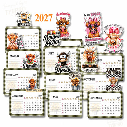 2027 Funny Highland Cow Desk Calendar | 12-Month Farm Animal Desktop Calendar with Note Pages | TYIIPRO™