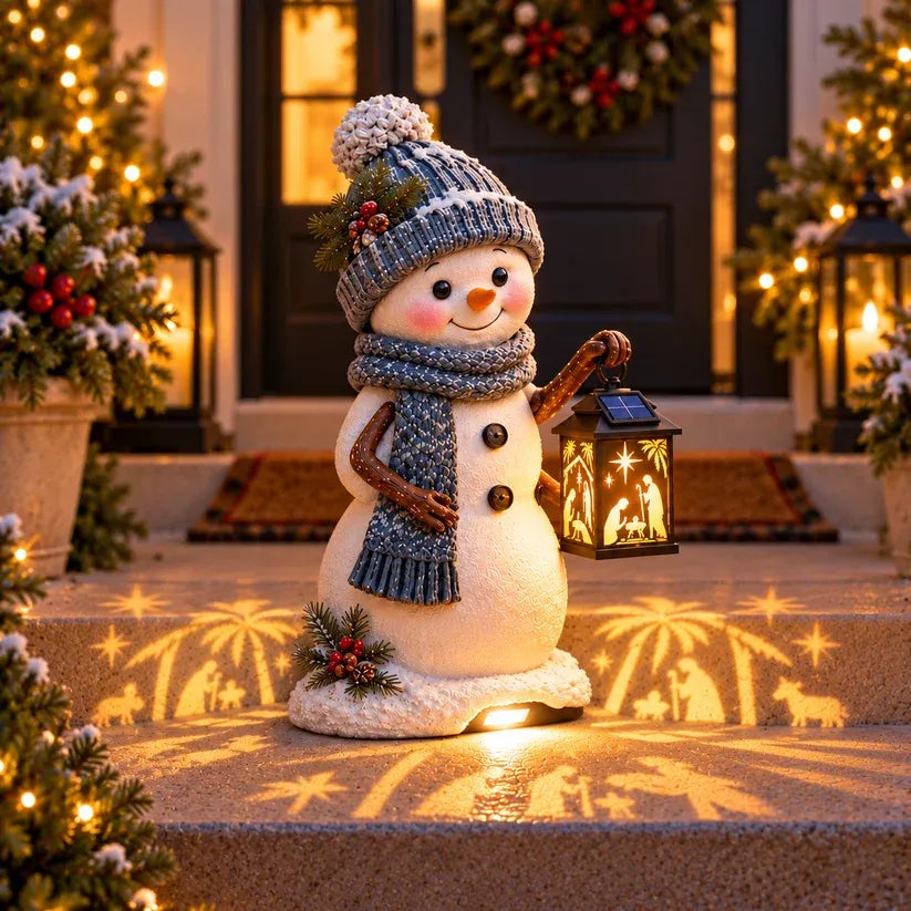 ⛄ Snowman Nativity Glow– Solar Christmas Step Light with Holy Family Projection