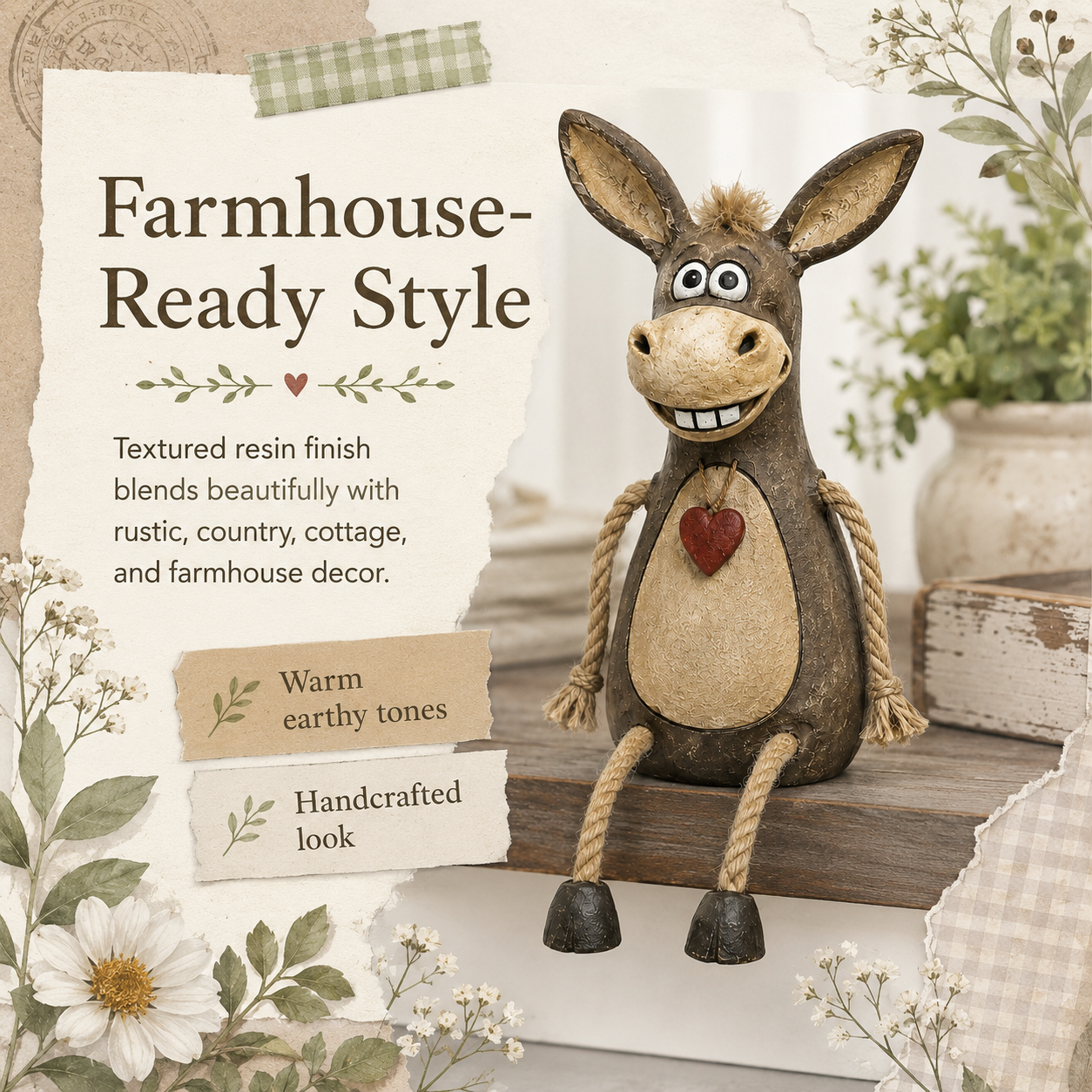 Cute Rustic Donkey Figurine with Hanging Rope Legs – Farmhouse Shelf & Home Decor