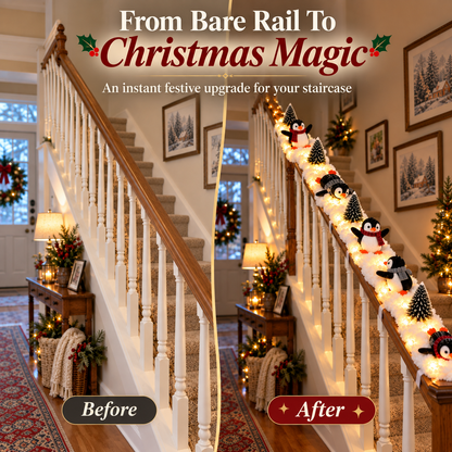 🐧 Playful Penguin Snowy Stair Railing Decor – Christmas Banister Garland with Cute Penguins & Winter Holiday Decorations