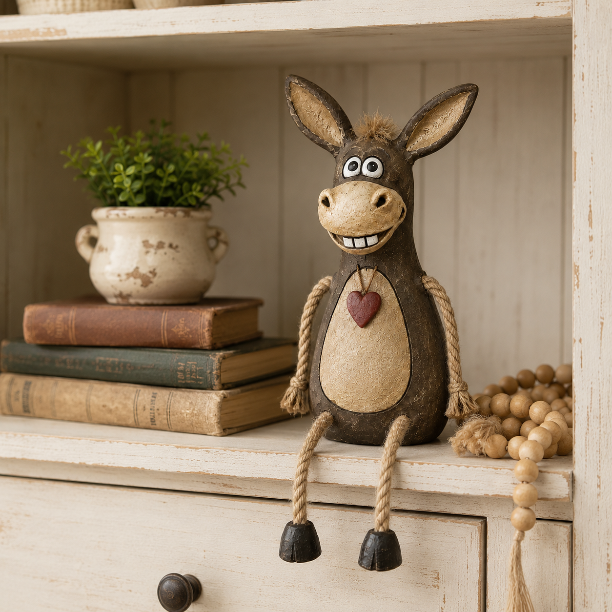 Cute Rustic Donkey Figurine with Hanging Rope Legs – Farmhouse Shelf & Home Decor