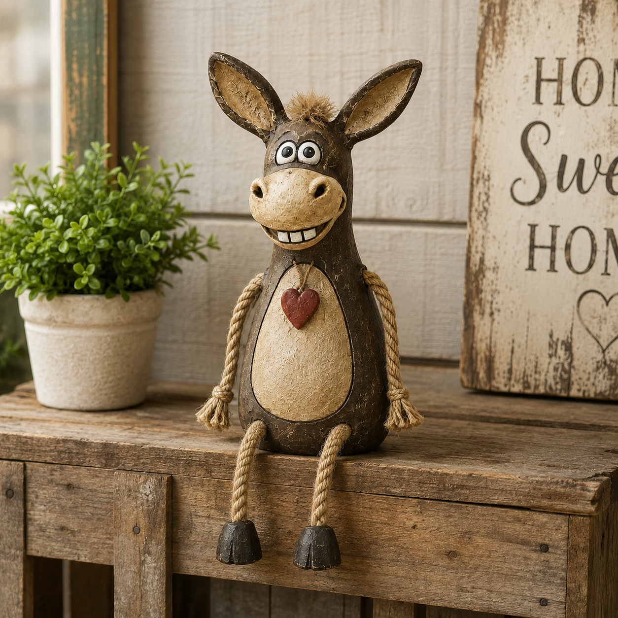 Cute Rustic Donkey Figurine with Hanging Rope Legs – Farmhouse Shelf & Home Decor