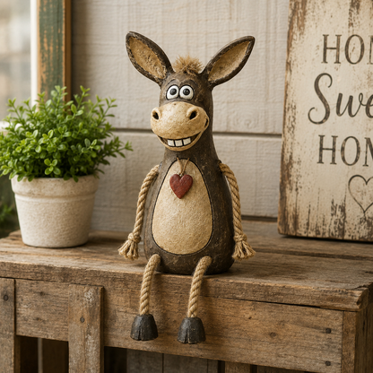 Cute Rustic Donkey Figurine with Hanging Rope Legs – Farmhouse Shelf & Home Decor