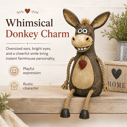 Cute Rustic Donkey Figurine with Hanging Rope Legs – Farmhouse Shelf & Home Decor