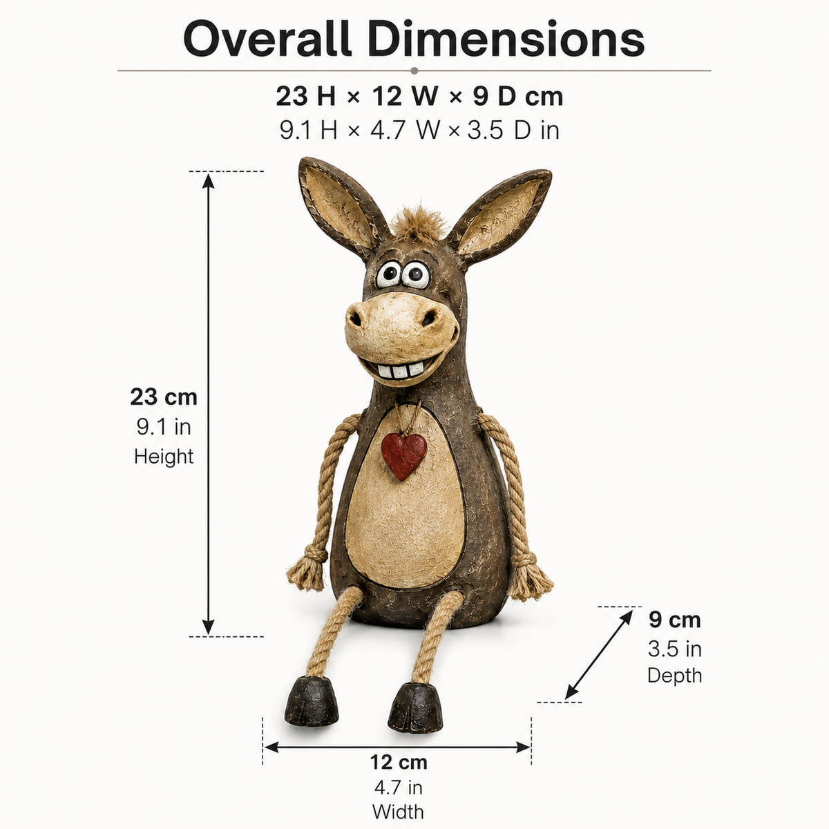 Cute Rustic Donkey Figurine with Hanging Rope Legs – Farmhouse Shelf & Home Decor