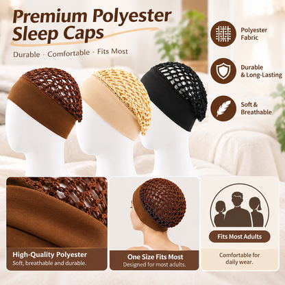 TYIIPRO™ 3-Piece Stretchy Satin-Style Sleeping Cap Set – Wide-Edge Protective Hair Bonnets for Nighttime Hair Care