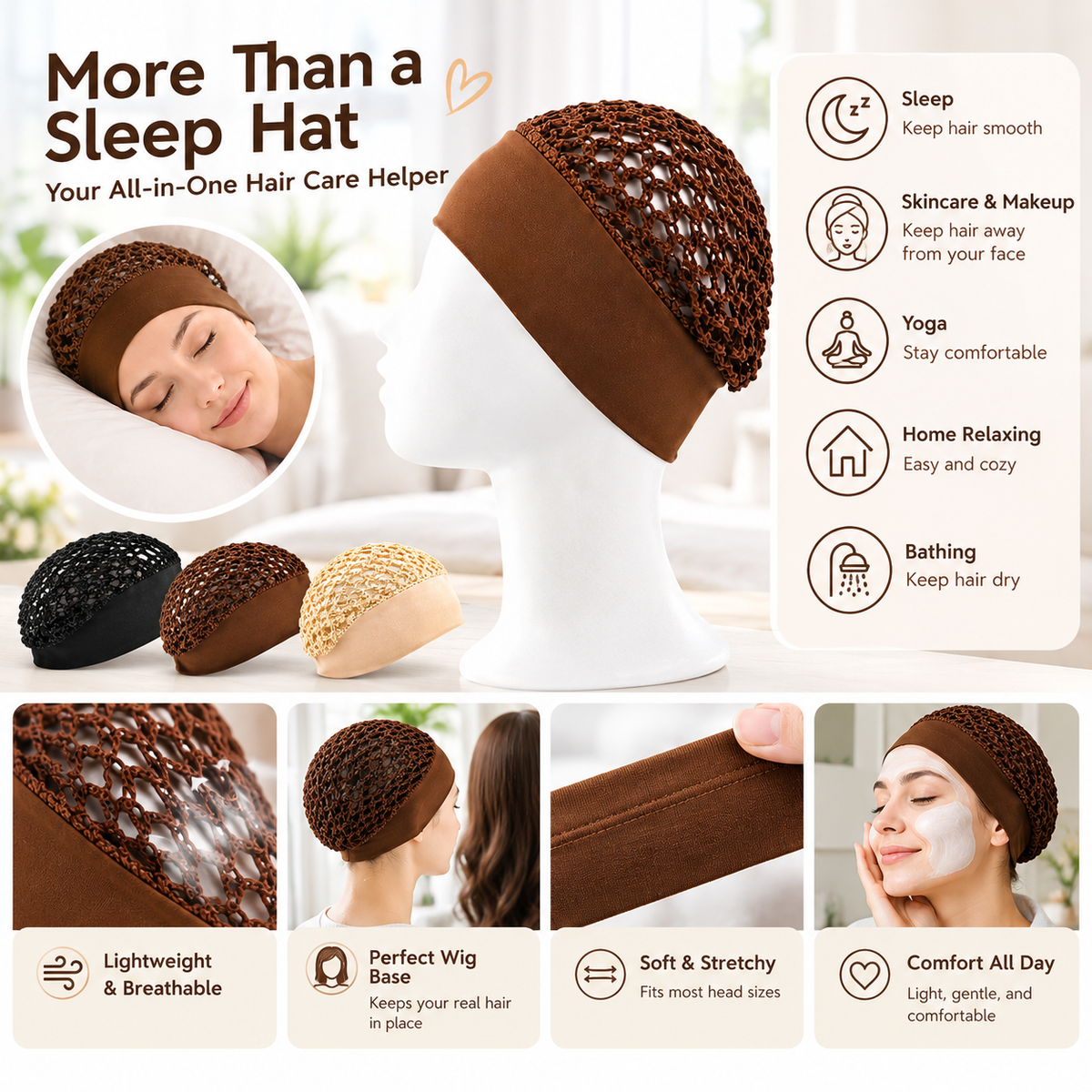 TYIIPRO™ 3-Piece Stretchy Satin-Style Sleeping Cap Set – Wide-Edge Protective Hair Bonnets for Nighttime Hair Care